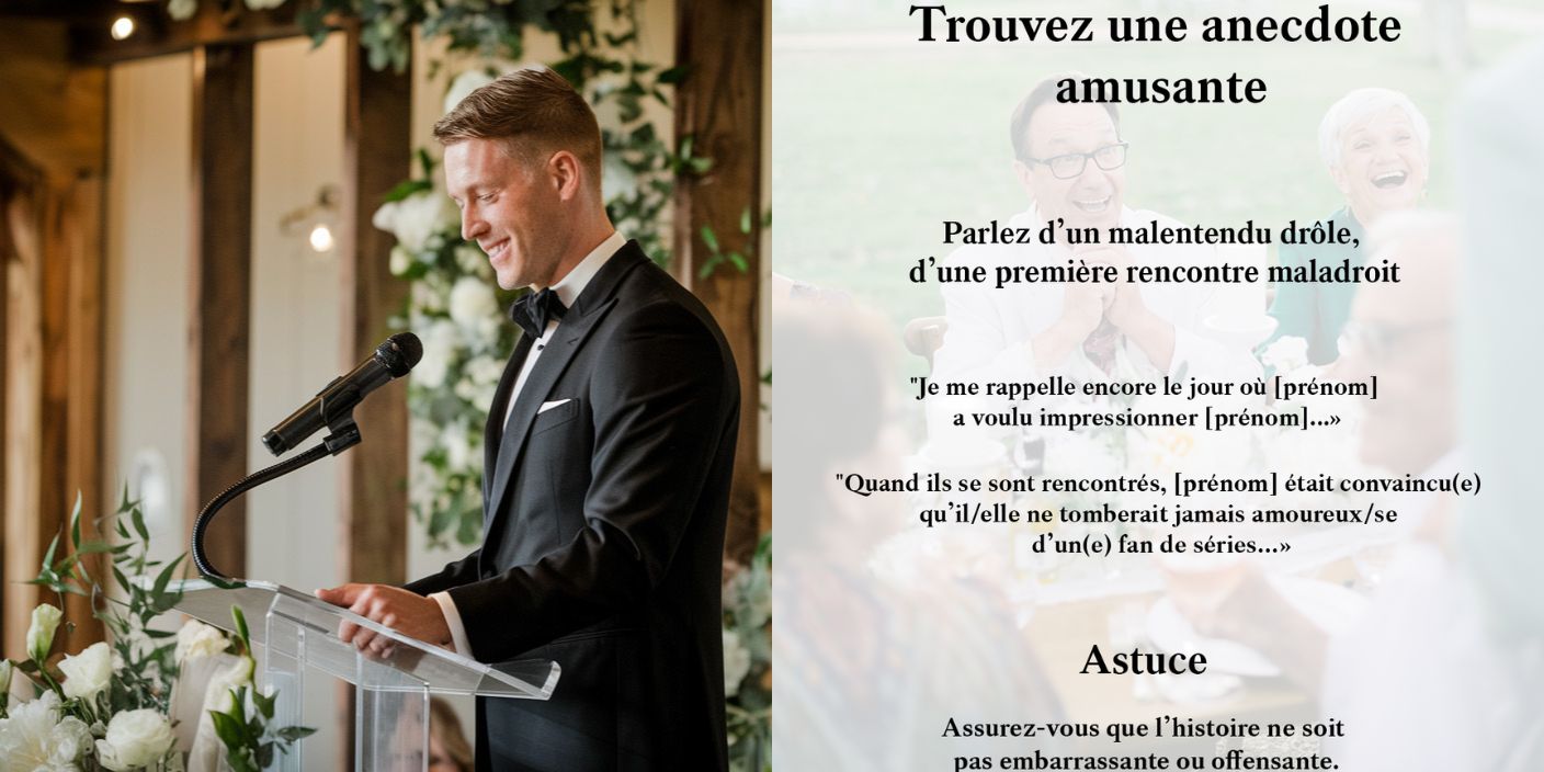 Un proche des mariés fait un discours émouvant, partageant des souvenirs et des vœux sincères pour le couple.